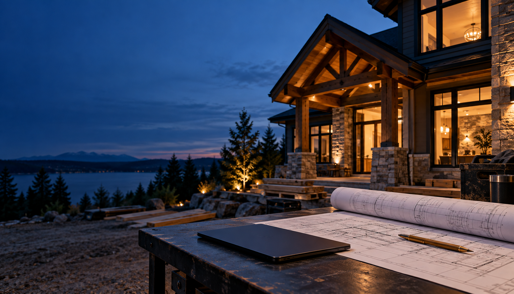 Generated illustration of a contractor's plans beside a home at dusk