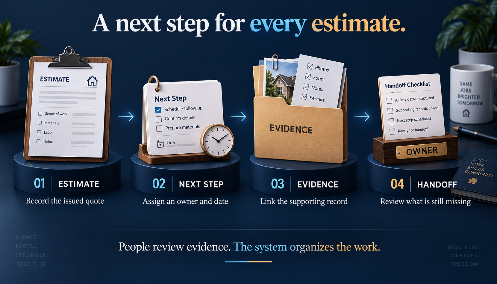Estimate: record the issued quote. Next step: assign responsibility and a date. Evidence: link the supporting record. Handoff: review what is missing. People review evidence; the system organizes work.